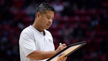 Nov 9, 2021; San Diego, California, USA; UC Riverside Highlanders head coach Mike Magpayo writes on a white board during a pause in play in the first half against the San Diego State Aztecs at Viejas Arena. Mandatory Credit: Orlando Ramirez-Imagn Images