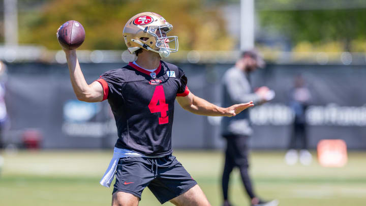 May 10, 2024; Santa Clara, CA, USA; San Francisco 49ers quarterback Tanner Mordecai (4) runs drills during the 49ers rookie minicamp at Levi’s Stadium in Santa Clara, CA. Mandatory Credit: Robert Kupbens-USA TODAY Sports