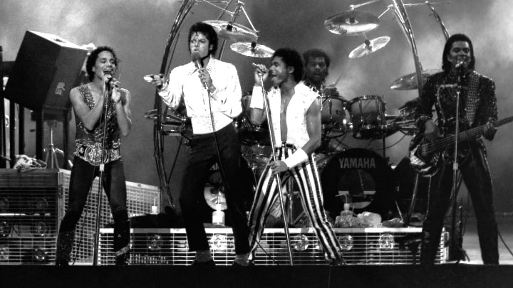 The Jackson Victory Tour with Jermaine, Marlon, Jackie, Tito, Randy and Michael on stage at Giants Stadium in East Rutherford, New Jersey July 31, 1984.