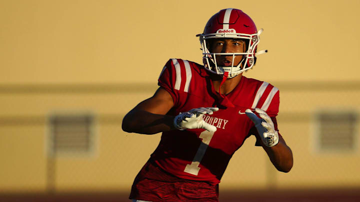 Brophy Prep wide receiver Devin Fitzgerald (1) makes a catch during a practice at Brophy College Prepatory in Phoenix on Sept. 4, 2024. Brophy Prep wide receiver Devin Fitzgerald (1) makes a catch during a practice at Brophy College Prepatory in Phoenix on Sept. 4, 2024.