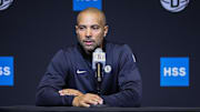 Sep 23, 2025; Brooklyn, NY, USA;  Brooklyn Nets head coach Jordi Fernandez speaks at Media Day.  Mandatory Credit: Wendell Cruz-Imagn Images