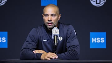 Sep 23, 2025; Brooklyn, NY, USA;  Brooklyn Nets head coach Jordi Fernandez speaks at Media Day.  Mandatory Credit: Wendell Cruz-Imagn Images