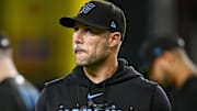 Aug 4, 2023; Arlington, Texas, USA; Miami Marlins manager Skip Schumaker (55) walks back to the dugout during the sixth inning against the Texas Rangers at Globe Life Field. 