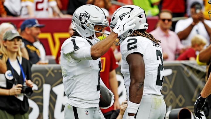 Raiders wide receiver Tre Tucker (left) and running back Ashton Jeanty (right) hope to lead the Raiders to an upset over the Chiefs.