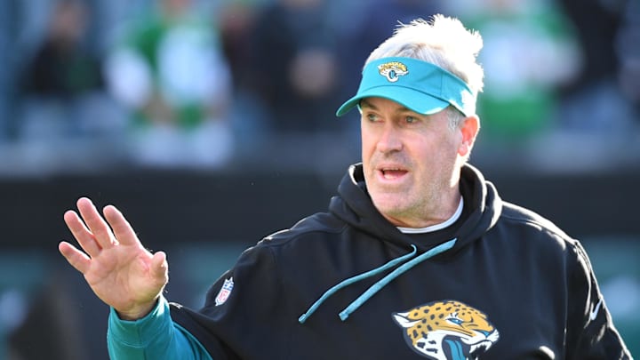 Nov 3, 2024; Philadelphia, Pennsylvania, USA; Jacksonville Jaguars head coach Doug Pederson on the field against the Philadelphia Eagles at Lincoln Financial Field. 