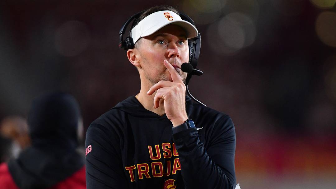Nov 7, 2025; Los Angeles, California, USA; Southern California Trojans head coach Lincoln Riley watches game action against the Northwestern Wildcats during the second half at the Los Angeles Memorial Coliseum. Mandatory Credit: Gary A. Vasquez-Imagn Images