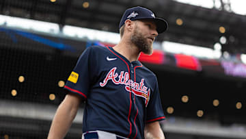 May 29, 2025; Philadelphia, Pennsylvania, USA; Atlanta Braves pitcher Chris Sale takes the field to warm up before action against the Philadelphia Phillies at Citizens Bank Park. Mandatory Credit: Bill Streicher-Imagn Images