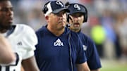Sep 21, 2024; Oxford, Mississippi, USA; Georgia Southern Eagles head coach Clay Helton walks along the sideline during the first half against the Mississippi Rebels at Vaught-Hemingway Stadium. Mandatory Credit: Petre Thomas-Imagn Images
