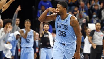 Nov 29, 2024; Memphis, Tennessee, USA; Memphis Grizzlies guard Marcus Smart (36) reacts after a three point basket during the fourth quarter against the New Orleans Pelicans at FedExForum. Mandatory Credit: Petre Thomas-Imagn Images