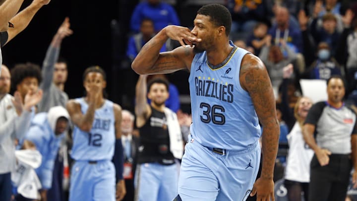 Nov 29, 2024; Memphis, Tennessee, USA; Memphis Grizzlies guard Marcus Smart (36) reacts after a three point basket during the fourth quarter against the New Orleans Pelicans at FedExForum. Mandatory Credit: Petre Thomas-Imagn Images