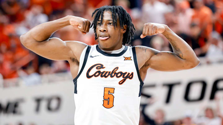 Oklahoma State guard Quion Williams (5) celebrates after scoring in the second half during an NCAA