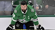 Dallas Stars left wing Jamie Benn practices before a game against the Edmonton Oilers.