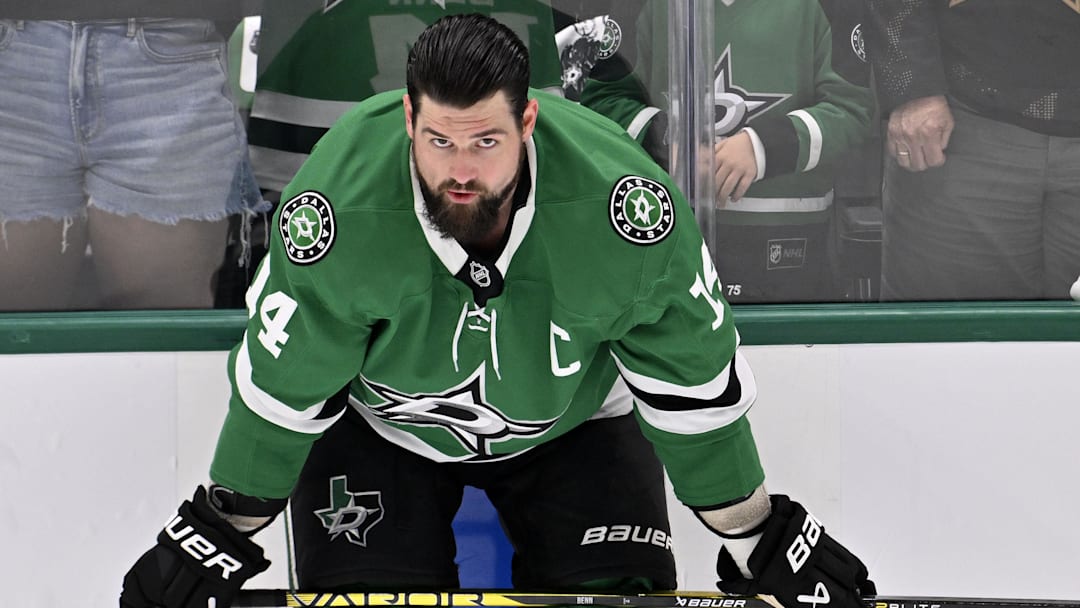 May 23, 2025; Dallas, Texas, USA; Dallas Stars left wing Jamie Benn (14) practices before game two of the Western Conference Final of the 2025 Stanley Cup Playoffs at American Airlines Center. Mandatory Credit: Jerome Miron-Imagn Images