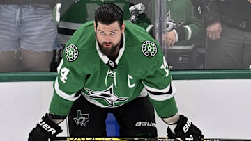 May 23, 2025; Dallas, Texas, USA; Dallas Stars left wing Jamie Benn (14) practices before game two of the Western Conference Final of the 2025 Stanley Cup Playoffs at American Airlines Center. Mandatory Credit: Jerome Miron-Imagn Images