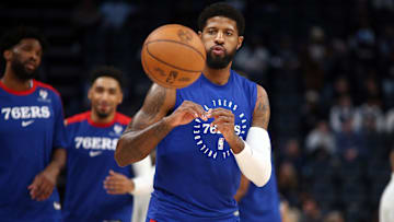 Nov 20, 2024; Memphis, Tennessee, USA; Philadelphia 76ers forward Paul George (8) catches a pass during warm ups prior to the game against the Memphis Grizzlies at FedExForum. Mandatory Credit: Petre Thomas-Imagn Images