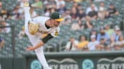 Aug 11, 2025; West Sacramento, California, USA; Athletics pitcher Jeffrey Springs (59) throws a pitch against the Tampa Bay Rays during the first inning at Sutter Health Park. Mandatory Credit: Ed Szczepanski-Imagn Images