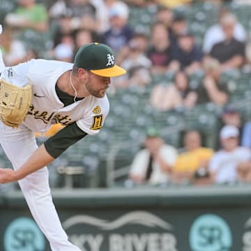 Aug 11, 2025; West Sacramento, California, USA; Athletics pitcher Jeffrey Springs (59) throws a pitch against the Tampa Bay Rays during the first inning at Sutter Health Park. Mandatory Credit: Ed Szczepanski-Imagn Images