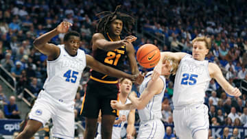 Arizona State's Jayden Quaintance is surrounded by BYU defenders during the Sun Devils' 76-56 loss to the Cougars on Dec. 31, 2024, in Provo, Utah.