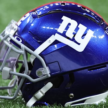 Dec 17, 2023; New Orleans, Louisiana, USA; A detailed view of a New York Giants helmet before the game against the New Orleans Saints at Caesars Superdome. Mandatory Credit: Stephen Lew-Imagn Images