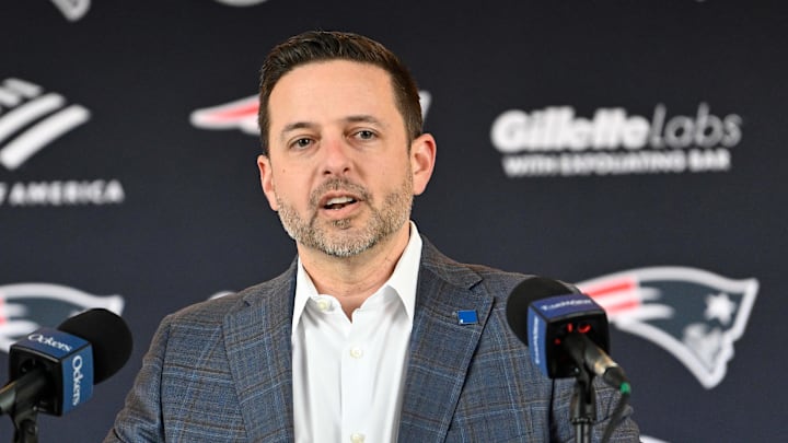 Mar 13, 2025; Foxborough, MA, USA; New England Patriots executive vice president of player personnel Eliot Wolf  discusses the teamís recent free agent additions with the media at Gillette Stadium. Mandatory Credit: Eric Canha-Imagn Images