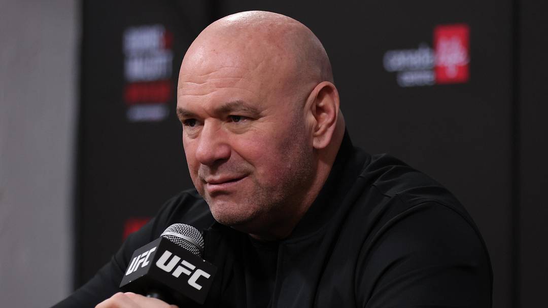 Apr 18, 2026; Winnipeg, Manitoba, CANADA; UFC CEO Dana White talks to the media after the fight between Gilbert Burns (red gloves) and Mike Malott (blue gloves) during UFC Fight Night at Canada Life Centre. Mandatory Credit: Bruce Fedyck-Imagn Images