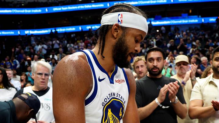 Mar 23, 2026; Dallas, Texas, USA;  Golden State Warriors guard Moses Moody (4) leaves the court on a stretcher during overtime against the Dallas Mavericks at American Airlines Center. Mandatory Credit: Kevin Jairaj-Imagn Images