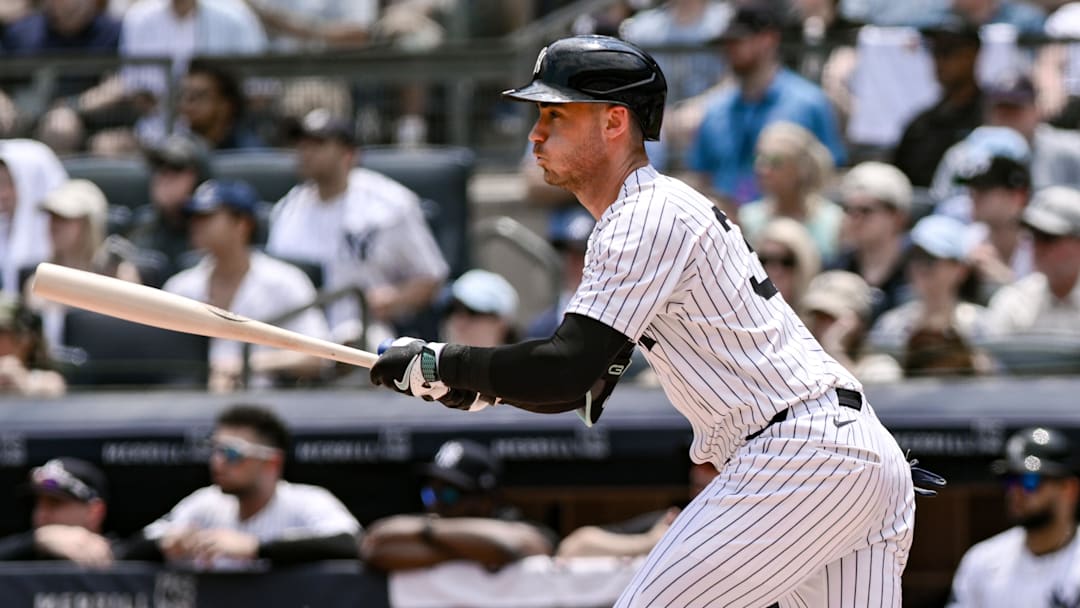 Jun 21, 2025; Bronx, New York, USA; New York Yankees outfielder Cody Bellinger (35) hits a single against the Baltimore Orioles during the first inning at Yankee Stadium. Mandatory Credit: John Jones-Imagn Images Jun 21, 2025; Bronx, New York, USA; New York Yankees outfielder Cody Bellinger (35) hits a single against the Baltimore Orioles during the first inning at Yankee Stadium. Mandatory Credit: John Jones-Imagn Images