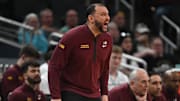 Mar 12, 2025; Indianapolis, IN, USA; Minnesota Golden Gophers head coach Ben Johnson during the first half against the Northwestern Wildcats at Gainbridge Fieldhouse. Mandatory Credit: Robert Goddin-Imagn Images