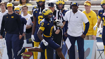 Oct 4, 2025; Ann Arbor, Michigan, USA;  Michigan Wolverines wide receiver Semaj Morgan (0) rushes in the second half against the Wisconsin Badgers at Michigan Stadium. Mandatory Credit: Rick Osentoski-Imagn Images