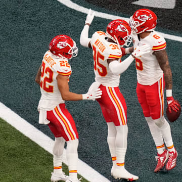 Feb 9, 2025; New Orleans, LA, USA; Kansas City Chiefs safety Bryan Cook (6) reacts with cornerback Jaylen Watson (35) and cornerback Trent McDuffie (22) after an interception during the second quarter in Super Bowl LIX  against the Philadelphia Eagles at Caesars Superdome. Mandatory Credit: Kirby Lee-Imagn Images