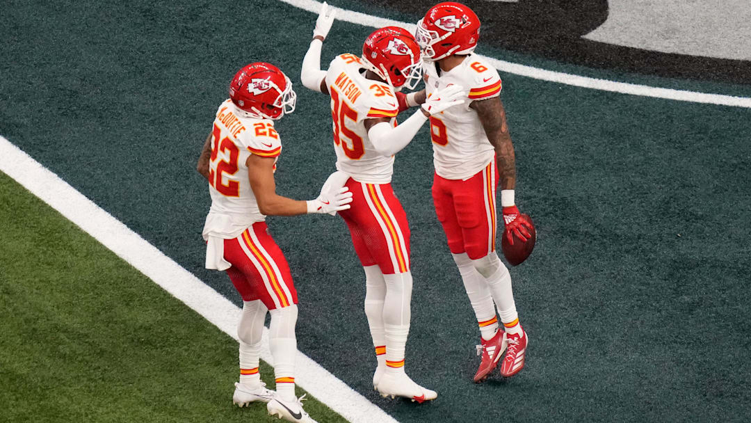 Feb 9, 2025; New Orleans, LA, USA; Kansas City Chiefs safety Bryan Cook (6) reacts with cornerback Jaylen Watson (35) and cornerback Trent McDuffie (22) after an interception during the second quarter in Super Bowl LIX  against the Philadelphia Eagles at Caesars Superdome. Mandatory Credit: Kirby Lee-Imagn Images