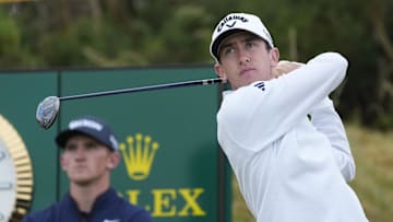 Jul 18, 2024; Ayrshire, SCT; Tom McKibbin hits his tee shot on the 10th hole during the first round of the Open Championship golf tournament at Royal Troon. Mandatory Credit: Jack Gruber-Imagn Images