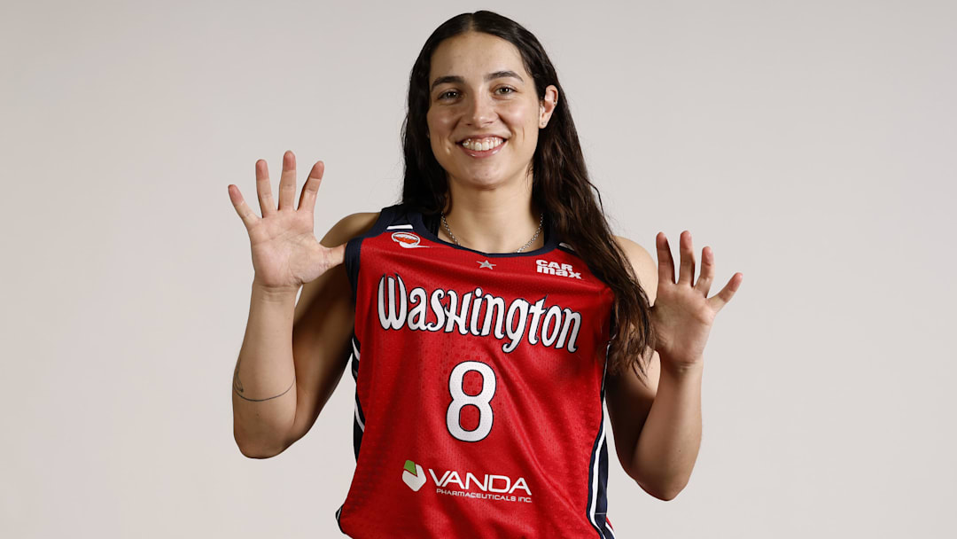 Apr 20, 2026; Washington, DC, USA; Washington Mystics guard Georgia Amoore (8) poses for a portrait during Mystics Media Day at CareFirst Arena. Mandatory Credit: Geoff Burke-Imagn Images