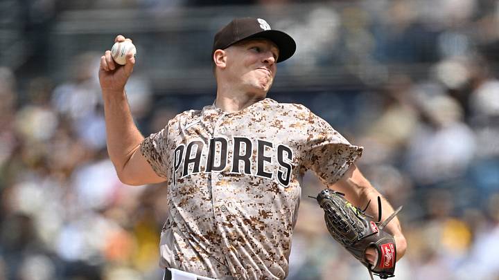 Apr 12, 2026; San Diego, California, USA; San Diego Padres starting pitcher Nick Pivetta (27) delivers during the first inning against the Colorado Rockies at Petco Park. Mandatory Credit: Denis Poroy-Imagn Images