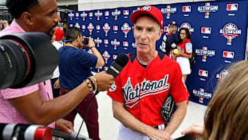 Jul 15, 2018; Washington, DC, USA; TV host Bill Nye before the 2018 legends and celebrity softball game at Nationals Ballpark. Mandatory Credit: Brad Mills-Imagn Images