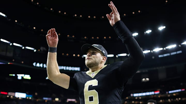 New Orleans Saints QB Tyler Shough (6) celebrates after beating the Carolina Panthers on Dec. 14, 2025