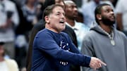 Mark Cuban reacts against the Philadelphia 76ers during the second half at American Airlines Center.