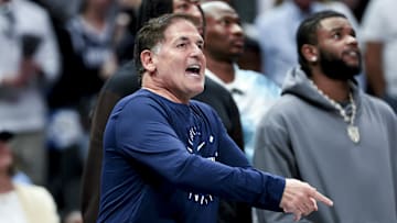 Mar 16, 2025; Dallas, Texas, USA;  Mark Cuban reacts against the Philadelphia 76ers during the second half at American Airlines Center. Mandatory Credit: Kevin Jairaj-Imagn Images