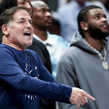 Mar 16, 2025; Dallas, Texas, USA;  Mark Cuban reacts against the Philadelphia 76ers during the second half at American Airlines Center. Mandatory Credit: Kevin Jairaj-Imagn Images