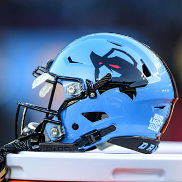 Feb 9, 2020; Arlington, Texas, USA; A view of a Dallas Renegades helmet during the second half in an XFL football game at Globe Life Park. Mandatory Credit: Jerome Miron-Imagn Images