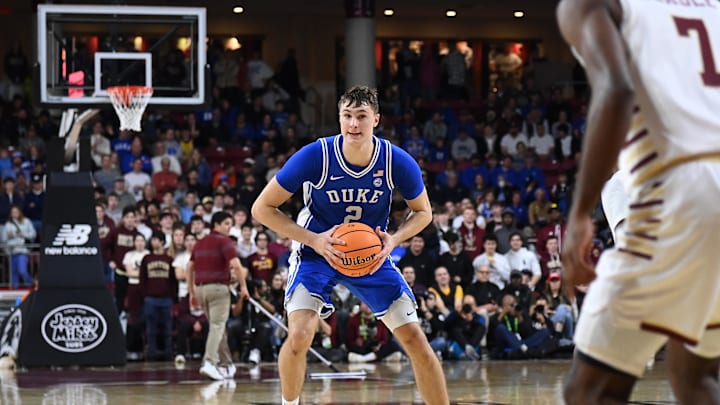 Jan 18, 2025; Chestnut Hill, Massachusetts, USA; Duke basketball guard Cooper Flagg (2) looks to pass the ball during the second half against the Boston College Eagles at Conte Forum. 