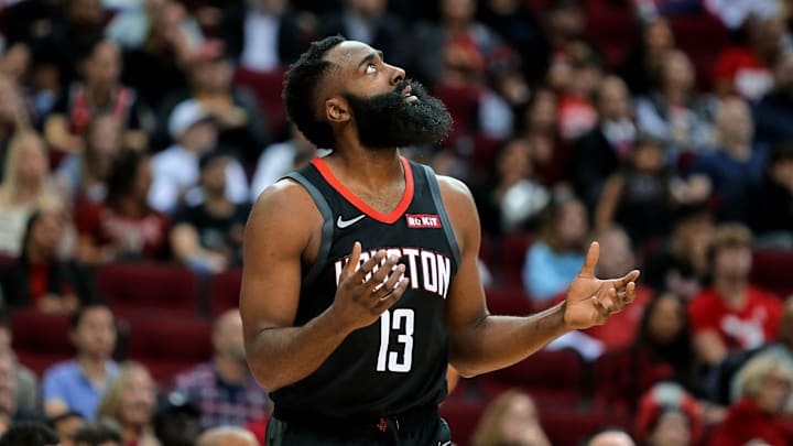 Dec 31, 2019; Houston, Texas, USA; Houston Rockets guard James Harden (13) reacts after a foul call against the Denver Nuggets during the fourth quarter at Toyota Center. Mandatory Credit: Erik Williams-Imagn Images