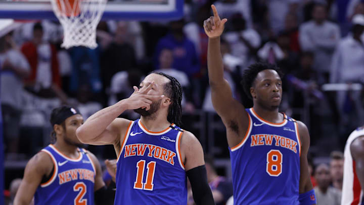 New York Knicks guard Brunson celebrates his three point basket in the fourth quarter against the Detroit Pistons during game six of first round for the 2024 NBA Playoffs at Little Caesars Arena. 