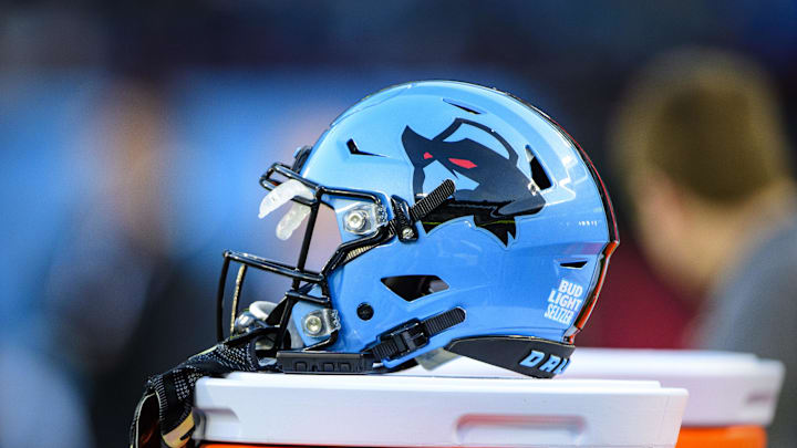 Feb 9, 2020; Arlington, Texas, USA; A view of a Dallas Renegades helmet during the second half in an XFL football game at Globe Life Park. Mandatory Credit: Jerome Miron-Imagn Images