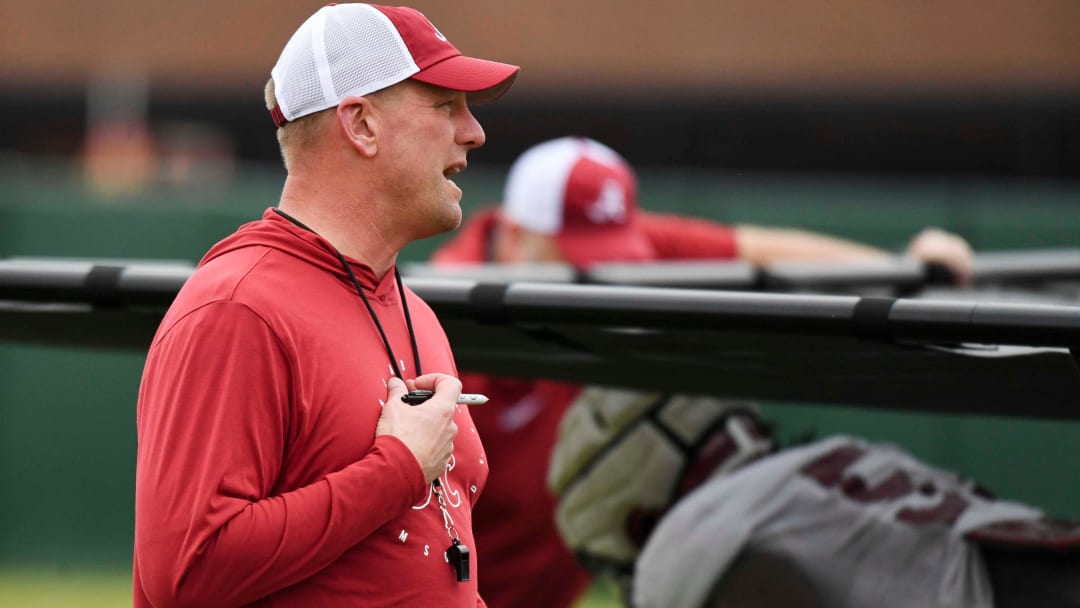 Mar 21, 2024; Tuscaloosa, Alabama, USA; Alabama head coach Kalen DeBoer watches his offensive line go through drills during practice at the University Alabama Thursday.