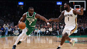 Jan 12, 2025; Boston, Massachusetts, USA; Boston Celtics forward Jaylen Brown (7) drives to the basket during the first half against the New Orleans Pelicans at TD Garden. Mandatory Credit: Paul Rutherford-Imagn Images