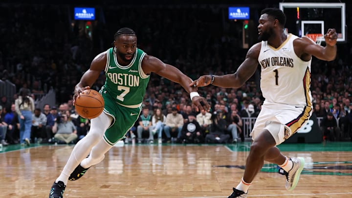 Jan 12, 2025; Boston, Massachusetts, USA; Boston Celtics forward Jaylen Brown (7) drives to the basket during the first half against the New Orleans Pelicans at TD Garden. Mandatory Credit: Paul Rutherford-Imagn Images