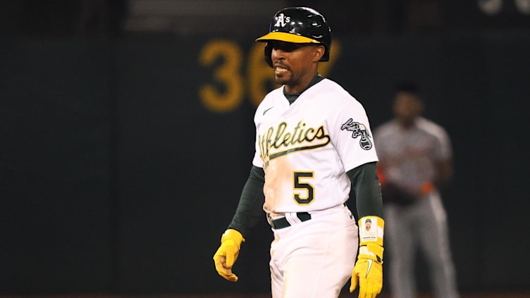 Sep 22, 2023; Oakland, California, USA; Oakland Athletics left fielder Tony Kemp (5) walks off an