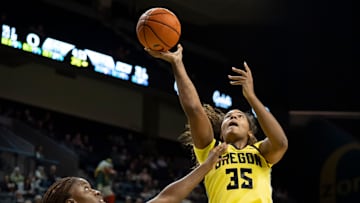 Oregon forward Ehis Etute puts up a shot as the Oregon Ducks host the Grand Canyon Antelopes Nov. 11, 2025, at Matthew Knight Arena in Eugene, Oregon.