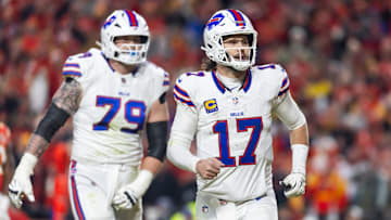 Jan 26, 2025; Kansas City, MO, USA; Buffalo Bills quarterback Josh Allen (17) and offensive tackle Spencer Brown (79) against the Kansas City Chiefs during the AFC Championship game at GEHA Field at Arrowhead Stadium.